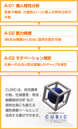 CUBICは、採用選考の他、社員教育・育成、組織現状分析など現有社員にも使える適性検査ツールとして活用する事ができます。